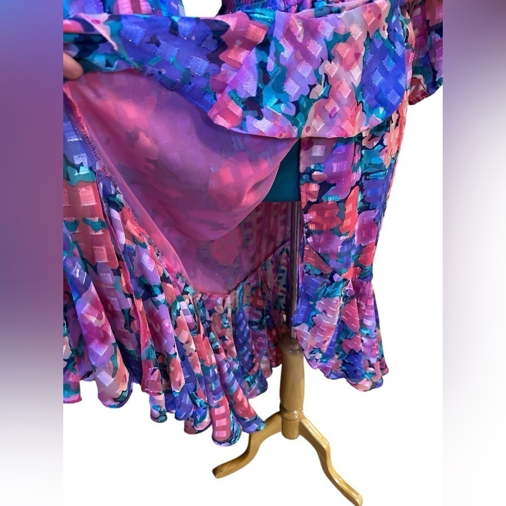 VINTAGE 80's Susan Tudor Pink Floral Midi Dress Pleated Cottagecore Ruffle S - Picture 6 of 14